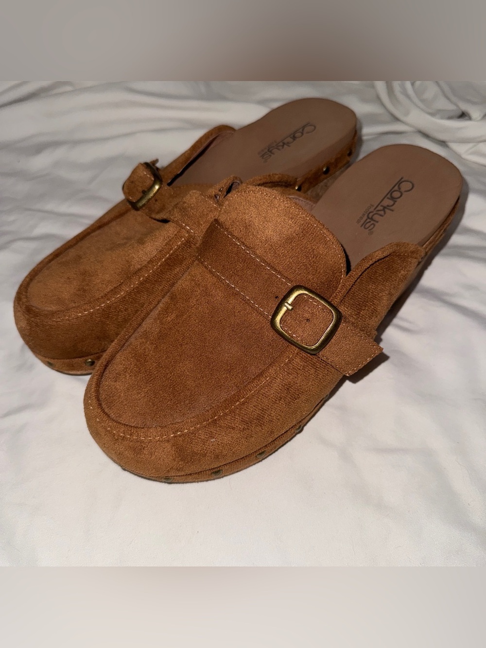 Corkys Women's Suede Slip-On Clogs in Cognac